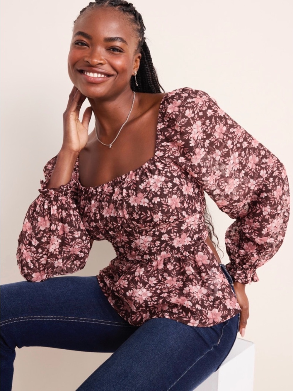 Francesca's Collections Pink and Brown Floral Square-Neck Peplum Blouse